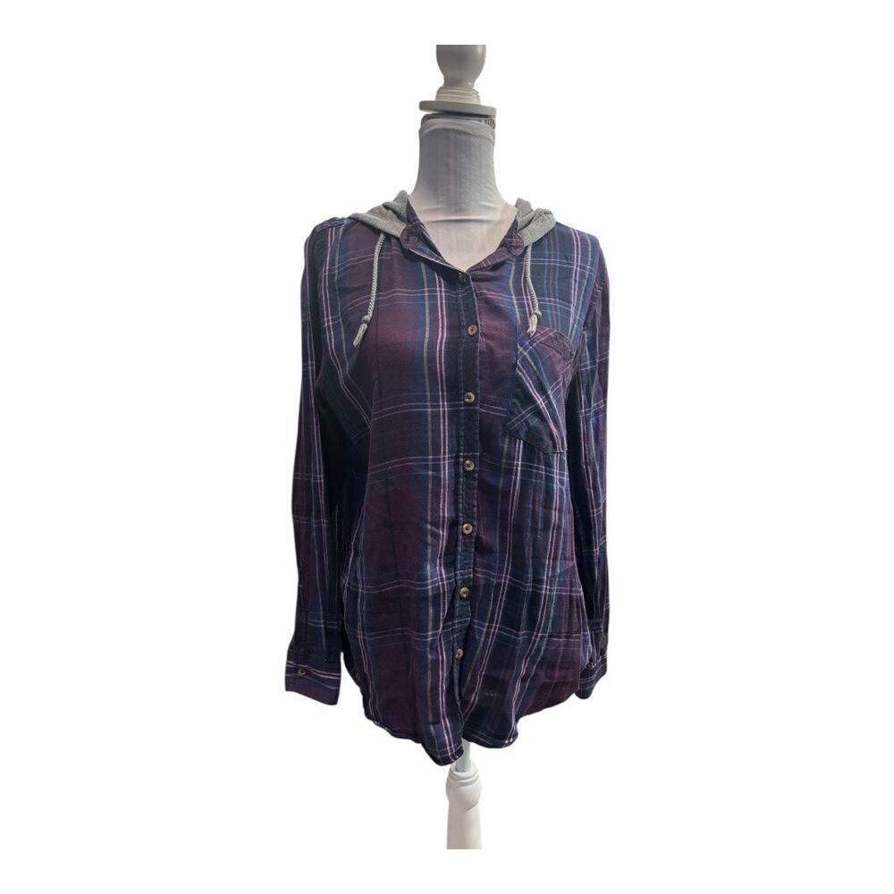 MUDD Purple Plaid Button Down with Hoodie Size XL